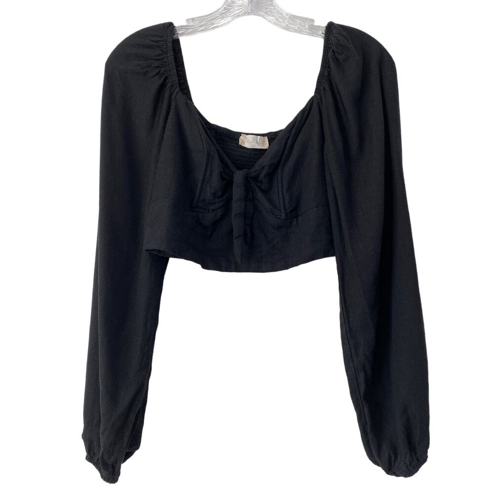 Altar'd State Linen Milkmaid Long Sleeve‎ Crop Top Size M Black Smocked Fairy